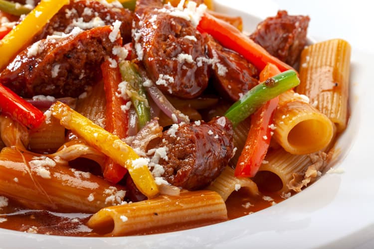 Sweet & Spicy Barbecue Sausage and Peppers Mostaccioli thumbnail